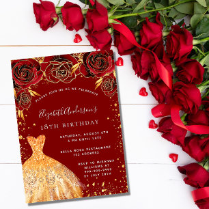 Invitation Anniversaire rouge or parties scintillant robe lux