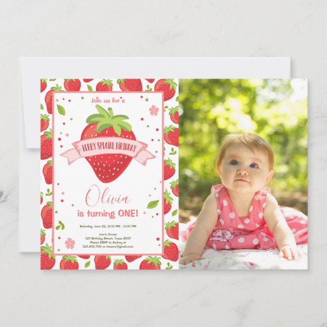 Invitation Anniversaire rouge-rose doux de baie de fraise (Devant)