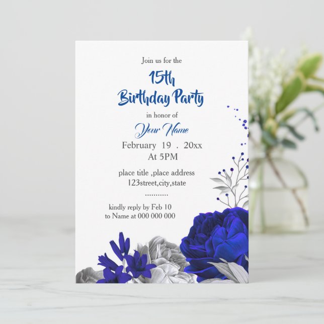Invitation anniversaire royal bleu argent floral (Debout devant)
