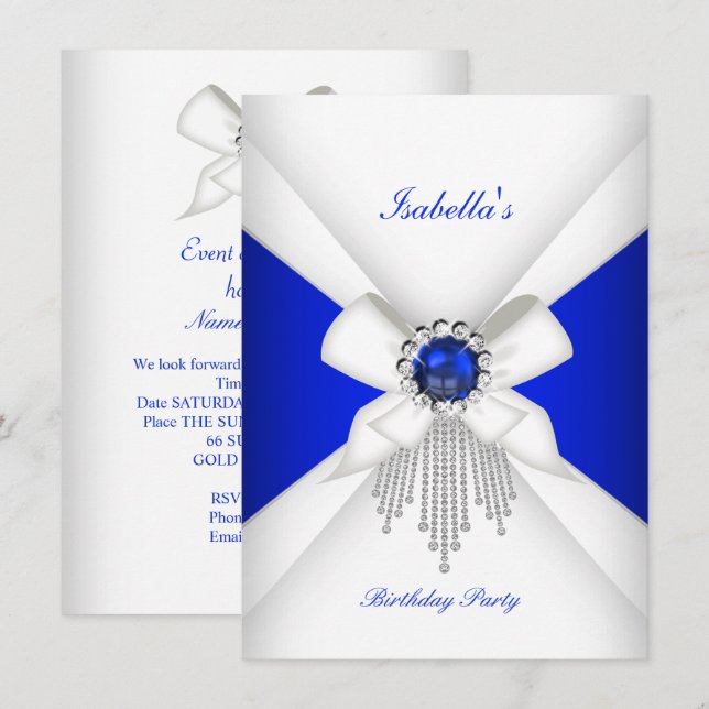 Invitation Anniversaire Royal Blue White Diamond Pearl (Devant / Derrière)