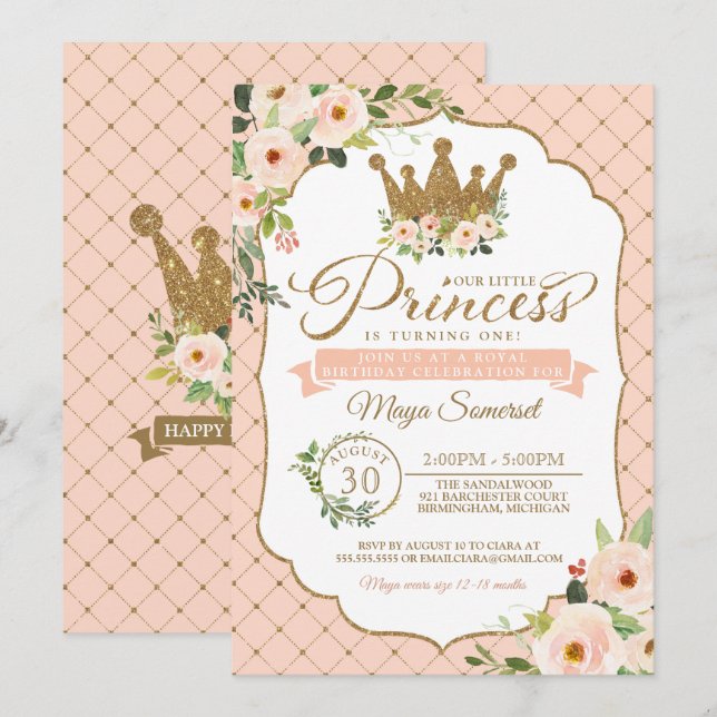 Invitation Anniversaire royal de Little Princess Blush Floral (Devant / Derrière)