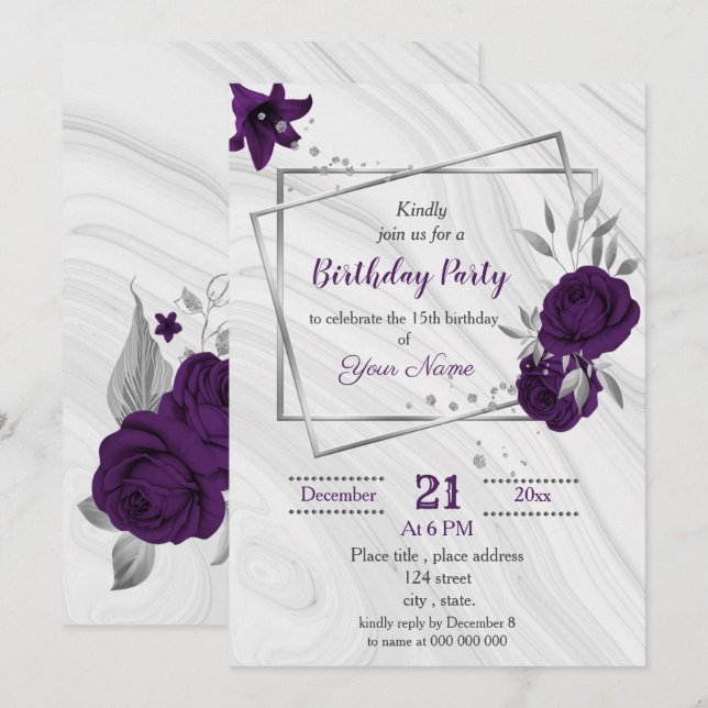 Invitation anniversaire royal violet argent floral géométriqu (Devant / Derrière)