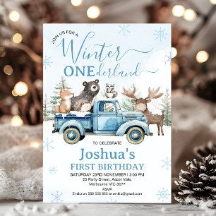 Invitation Anniversaire Rustique Camion Bleu Hiver Onederland