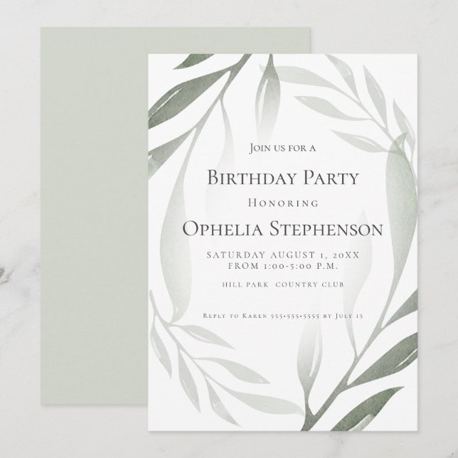 Invitation Anniversaire | Sage Vert Olive Branche Aquarelle (Devant / Derrière)