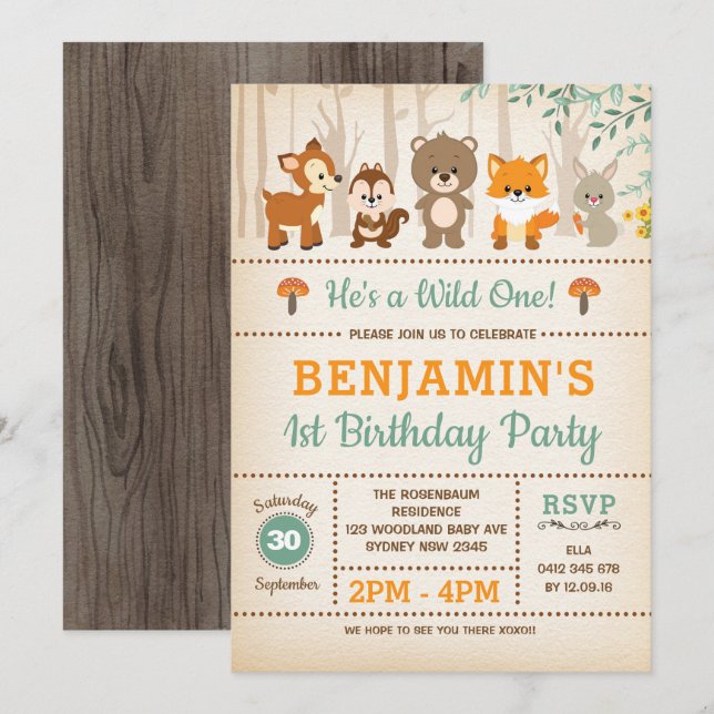 Invitation Anniversaire sauvage d'animaux de forêt de région (Devant / Derrière)