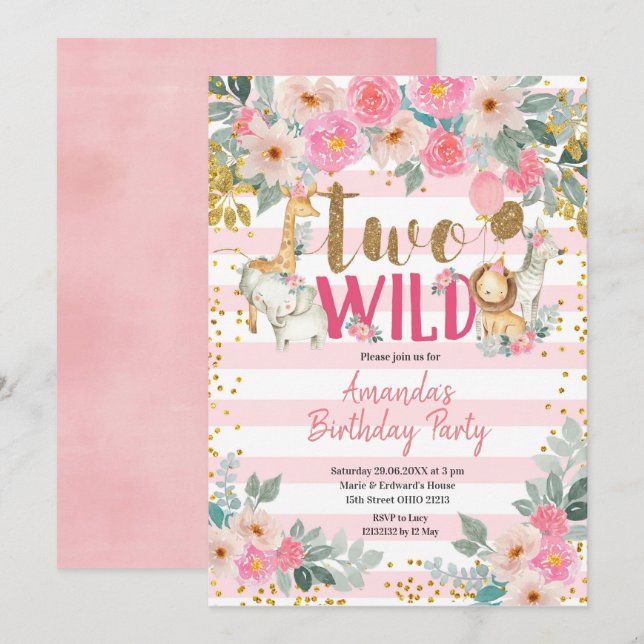 Invitation Anniversaire sauvage de la fille rose et or (Devant / Derrière)