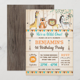 Invitation Anniversaire sauvage rustique d'animaux tribaux de