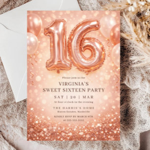 Invitation Anniversaire Seize Ans Ballon Paillettes Or Rose