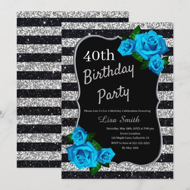 Invitation Anniversaire Silver Black Stripes Parties scintill (Devant / Derrière)