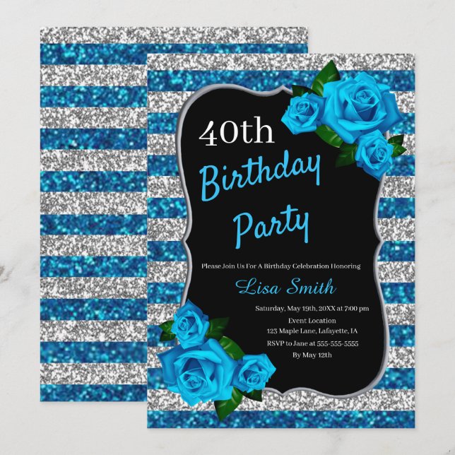Invitation Anniversaire Silver Blue Stripes Parties scintilla (Devant / Derrière)