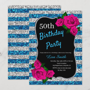 Invitation Anniversaire Silver Blue Stripes Parties scintilla