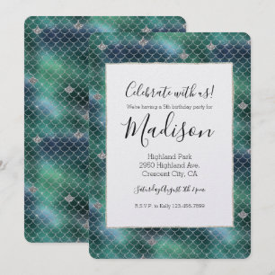 Invitation Anniversaire Sirène Argenté Turquoise Océan Glitz