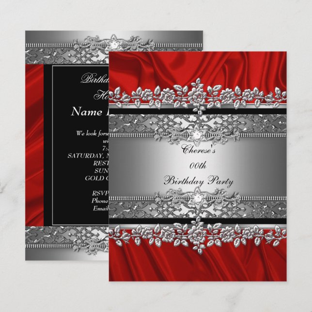 Invitation Anniversaire Soie Rouge Soie Noir Diamant (Devant / Derrière)