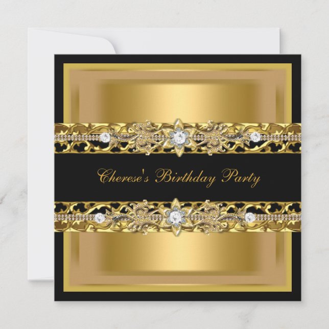 Invitation Anniversaire Soirée Elégante Black Gold Diamond Je (Devant)