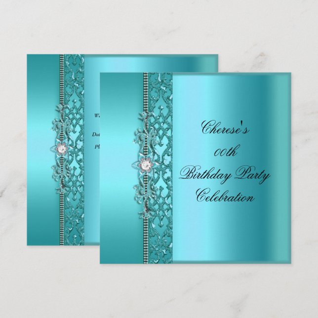 Invitation Anniversaire Soirée Elégante Diamant Bleu Turquois (Devant / Derrière)