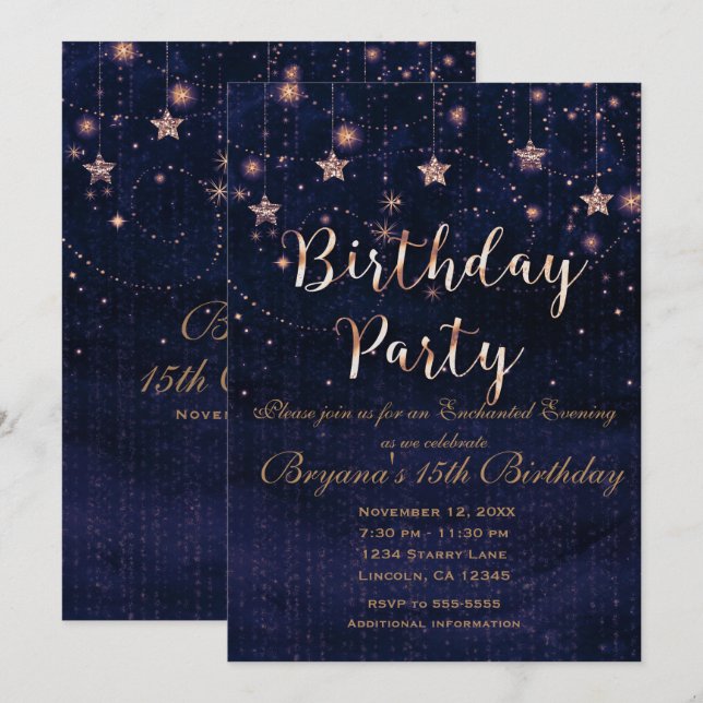 Invitation Anniversaire Soirée étoilée Whimsical Purple Gold (Devant / Derrière)