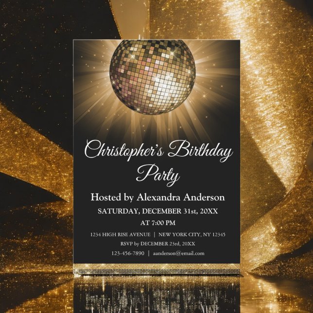 Invitation Anniversaire Soirée Gold Sparkle Disco Ball (Créateur téléchargé)