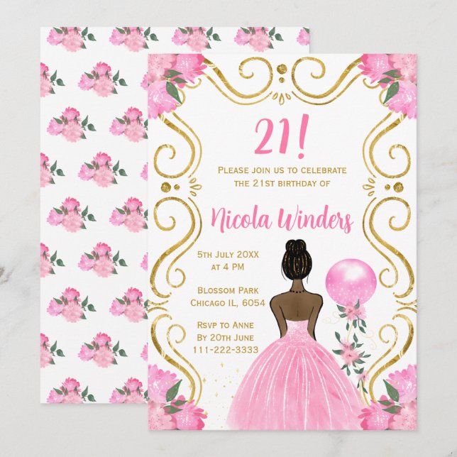 Invitation Anniversaire Soirée princesse à peau foncée en ros (Devant / Derrière)