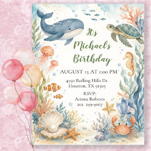 Invitation Anniversaire sous la mer à l'aquarelle fantaisiste