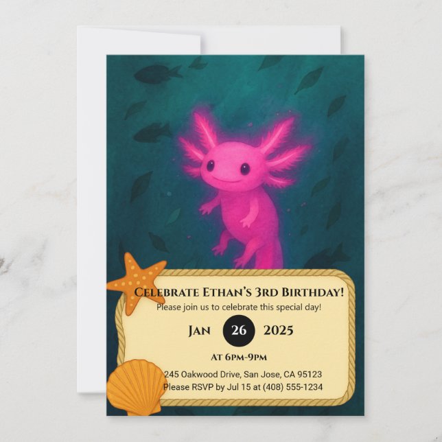 Invitation Anniversaire sous-marin de l'Axolotl rose (Devant)