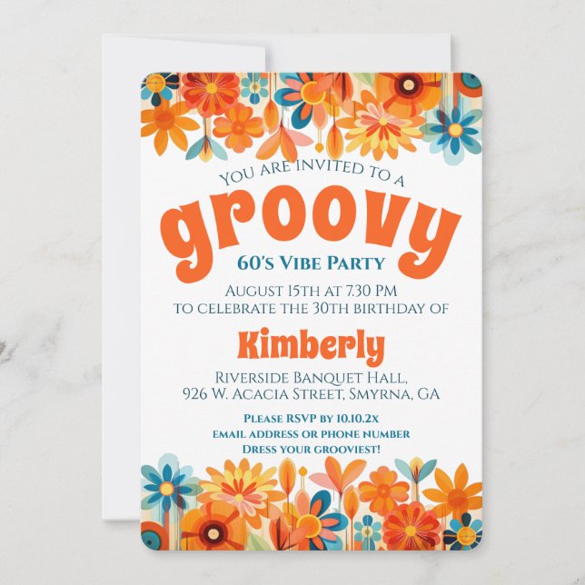 Invitation Anniversaire super des années 60 Vibe Floral Retro (Devant)