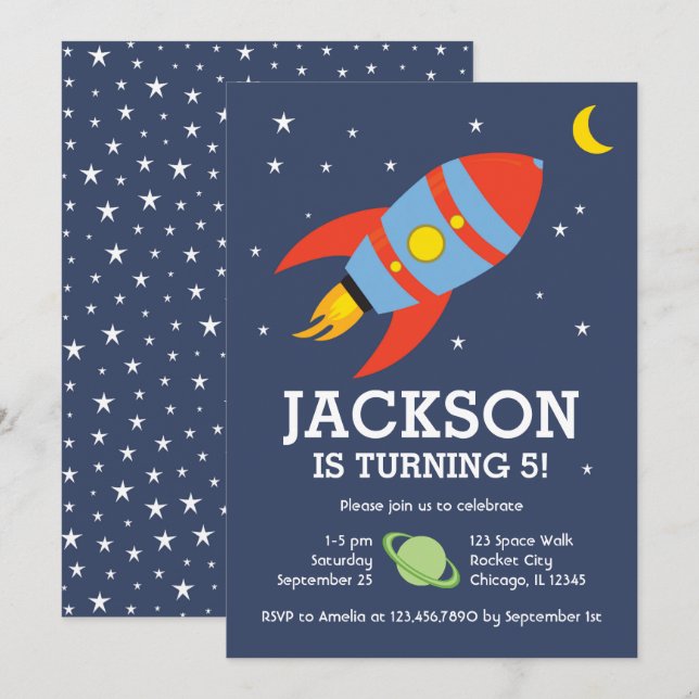 Invitation Anniversaire sur le thème de la fusée et de la lun (Devant / Derrière)