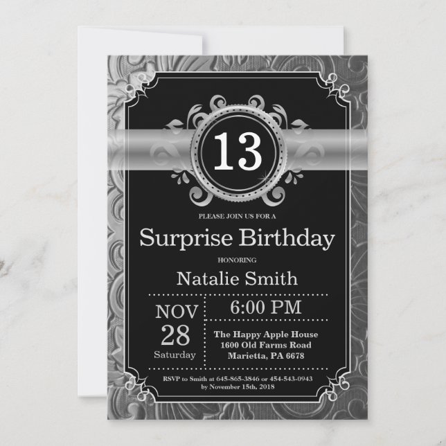 Invitation Anniversaire surprise 13 ans noir et paillettes ar (Devant)