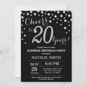 Invitation Anniversaire Surprise 20 Ans Noir et Diamant Argen