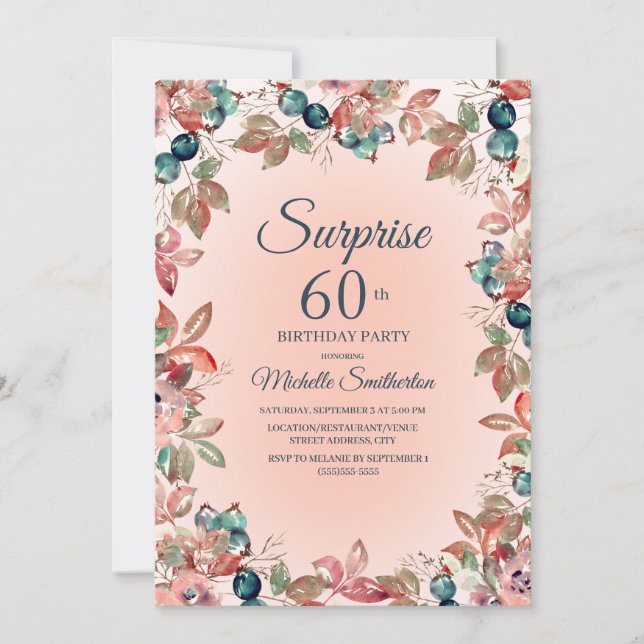 Invitation Anniversaire Surprise 60e Femmes rose Turquoise Fl (Devant)