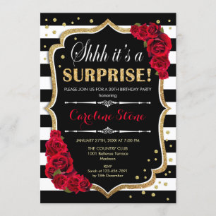 Invitation Anniversaire Surprise - Blancs noirs Roses rouges