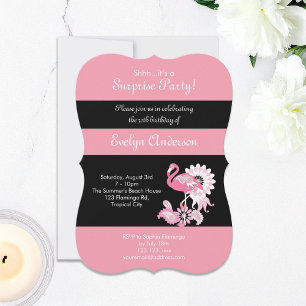 Invitation Anniversaire surprise moderne flamingo rose noir