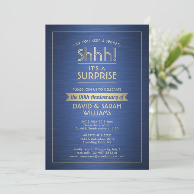 Invitation Anniversaire Surprise Party Brossé Bleu et Or (Debout devant)