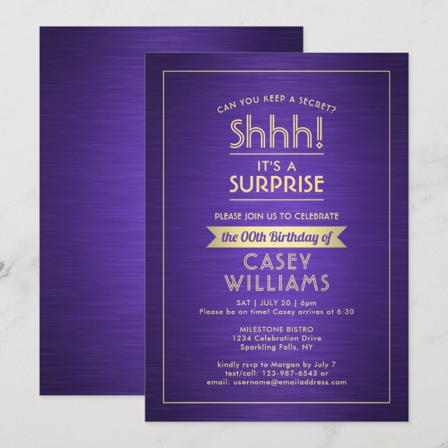 Invitation Anniversaire Surprise Party brossé violet et or (Devant / Derrière)