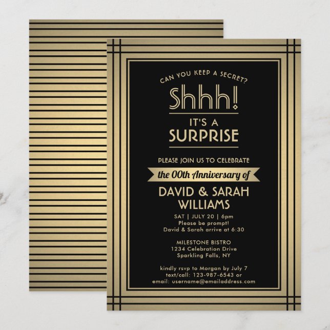 Invitation Anniversaire Surprise Party Élégant Noir et Or (Devant / Derrière)