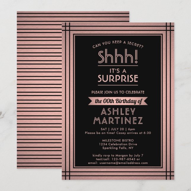 Invitation Anniversaire Surprise Party Élégant Rose Gold & Bl (Devant / Derrière)