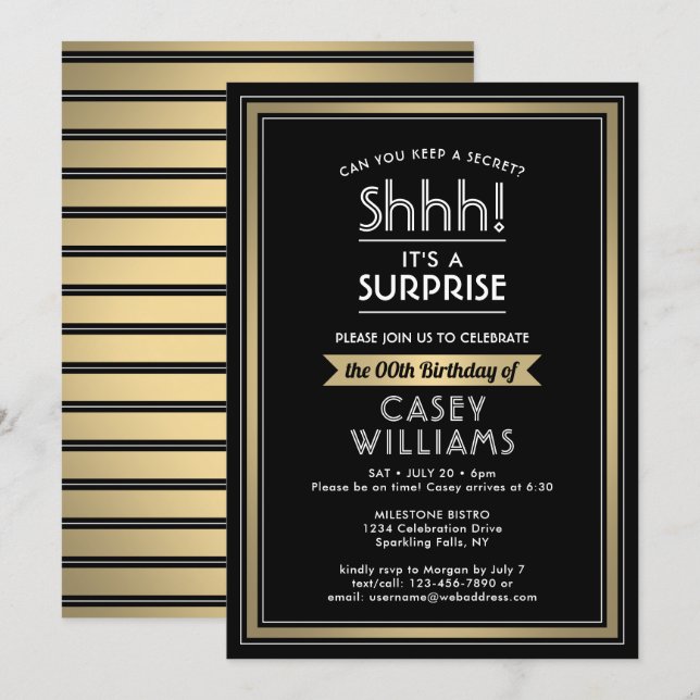 Invitation Anniversaire Surprise Party Shhh! Noir, Blanc et O (Devant / Derrière)