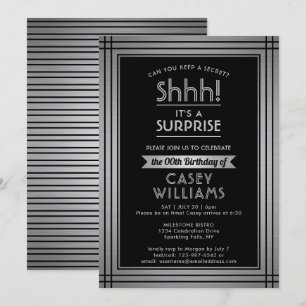 Invitation Anniversaire Surprise Party Shhh! Noir élégant