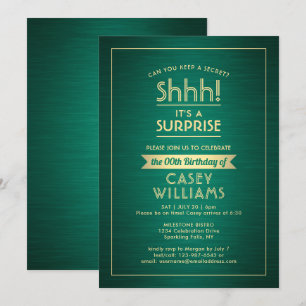 Invitation Anniversaire Surprise Party Shhh! Vert & Or brossé