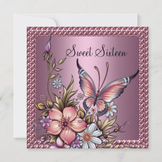 Invitation Anniversaire Sweet 16 Élégant Floral Papillon Rose