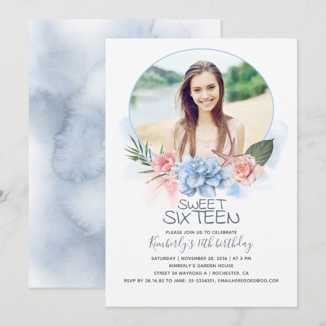 Invitation Anniversaire Sweet 16 | Plage 16 Photo Anniversair (Devant / Derrière)