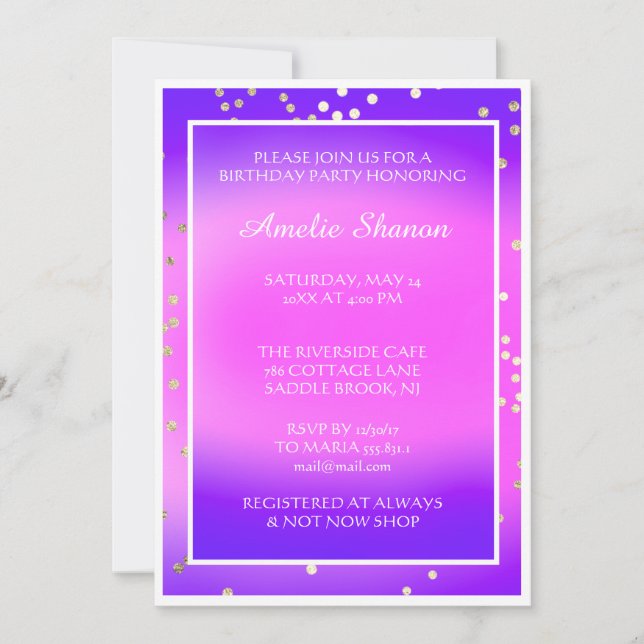 Invitation Anniversaire Sweet 16e Diplômé rose violet or (Devant)