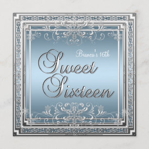 Invitation Anniversaire Sweet Sixteen Bleu Argent Teen Fille 
