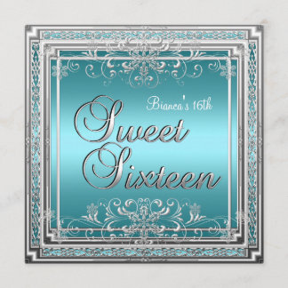 Invitation Anniversaire Sweet Sixteen Bleu Turquoise Argent T