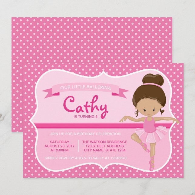 Invitation Anniversaire Tan Pink Ballerina (Devant / Derrière)