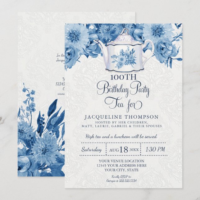 Invitation Anniversaire Tea Party Marine Bleu Blanc Floral (Devant / Derrière)