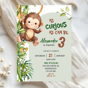 Invitation Anniversaire Thème Savannah Singe Curieux Vert