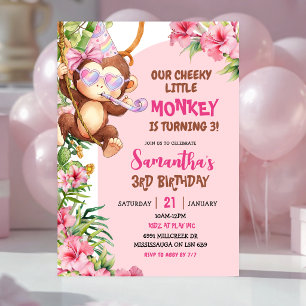 Invitation Anniversaire Thème Savannah Singe Mignon Rose