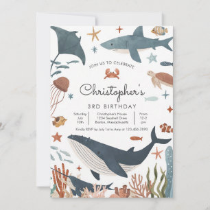 Invitation Anniversaire Tortue Requin Baleine Sous la Mer