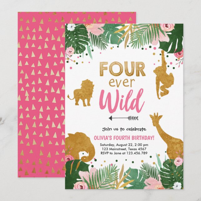 Invitation Anniversaire toujours sauvage de fille de quatre (Devant / Derrière)