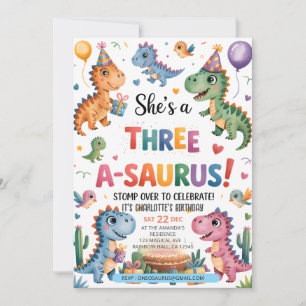 Invitation Anniversaire Trois A-Saurus 3 ans T-Rex Dinosaure